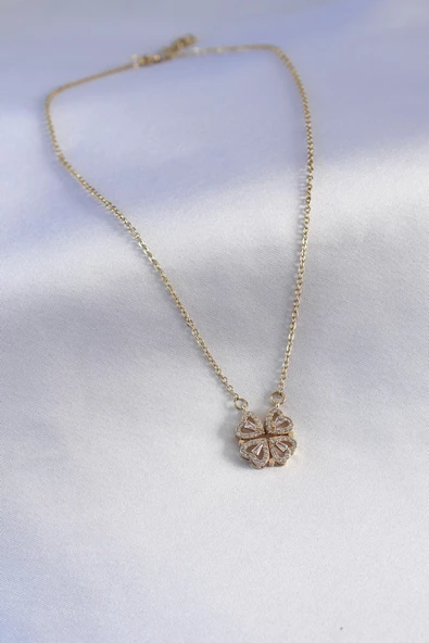 316L Çelik Gold Renk Açılır Zirkon Taşlı Yonca Model Kadın Kolye - Resim 3