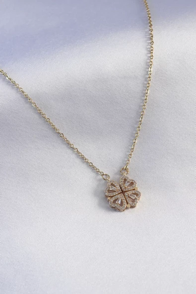 316L Çelik Gold Renk Açılır Zirkon Taşlı Yonca Model Kadın Kolye ürün görseli 1