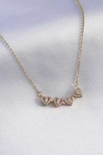 316L Çelik Gold Renk Açılır Zirkon Taşlı Yonca Model Kadın Kolye - Resim 2