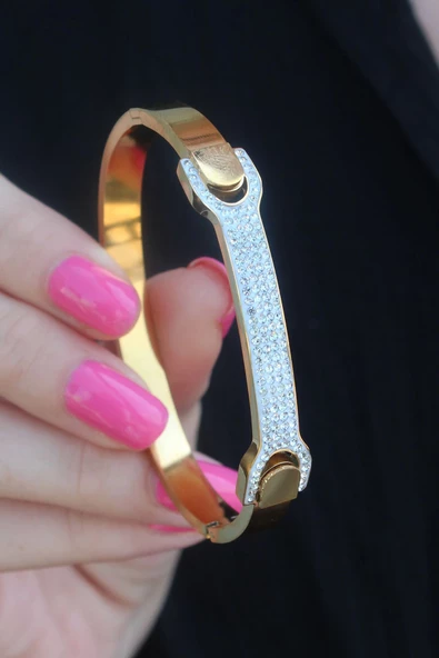 316L Çelik Gold Renk Zirkon Taşlı Kadın Kelepçe - Resim 2