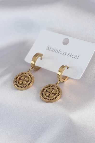 316L Çelik Gold Renk Kalp Model İşleme Detay Kadın Küpe ürün görseli 1