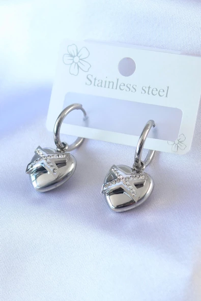 316L Çelik Gümüş Renk Zirkon Taş Detay Kalp Model Kadın Küpe ürün görseli 1