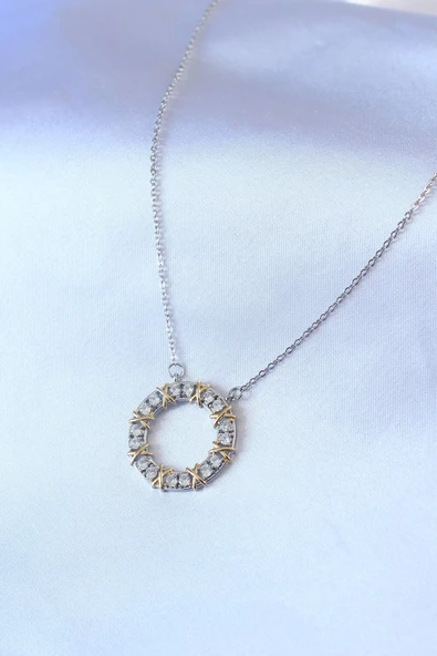 316L Çelik Gümüş Renk Zirkon Taşlı Gold Detay Xoxo Kadın Kolye - Resim 2