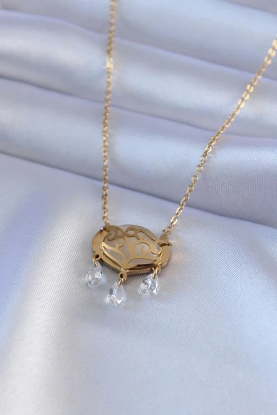 316L Çelik Gold Renk Lotus Model Zirkon Taşlı Kadın Kolye ürün görseli 1