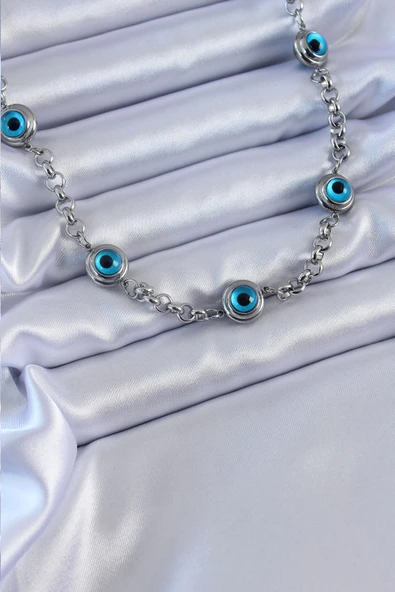 316L Çelik Gümüş Renk Nazar Boncuk Model Kadın Kolye ürün görseli