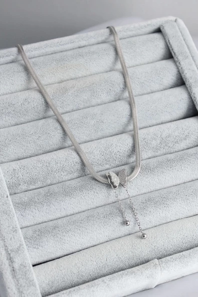 316L Çelik Gümüş Renk İtalyan Zincir Model Simli Kelebek Figür Kadın Kolye - Resim 2