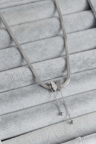 316L Çelik Gümüş Renk İtalyan Zincir Model Simli Kelebek Figür Kadın Kolye ürün görseli 1