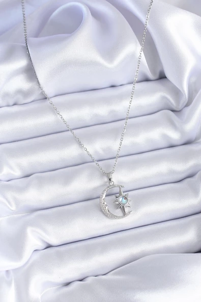 316L Çelik Gümüş Renk Zirkon Taşlı Ay Yıldız Model Kadın Kolye - Resim 2