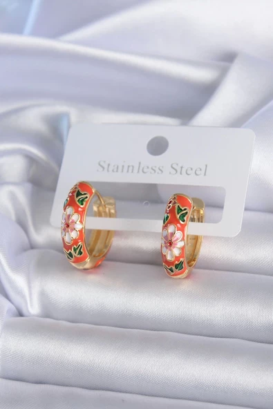 Pirinç Gold Renk Çiçek İşleme Turuncu Kadın Küpe ürün görseli 1