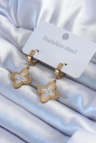 316L Çelik Gold Renk Zirkon Taşlı Çiçek Model Kadın Küpe ürün görseli 1