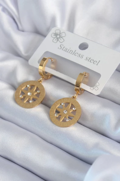 316L Çelik Gold Renk Kutup Yıldızı Model İşleme Detay Zirkon Taşlı Kadın Küpe ürün görseli 1