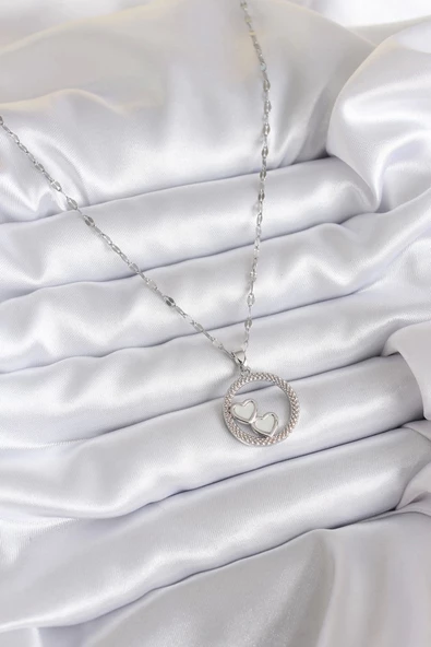 316L Çelik Zincir Gümüş Renk İşleme Detay Halka Kalp Model Kadın Kolye - Resim 2