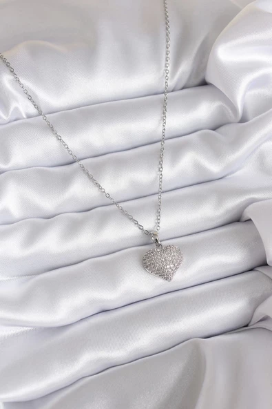 316L Çelik Zincir Gümüş Renk Zirkon Taş Detay Kalp Model Kadın Kolye - Resim 2