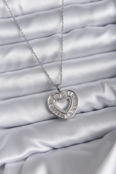 316L Çelik Zincir Gümüş Renk Baget Zirkon Taşlı Kadın Kolye ürün görseli 1