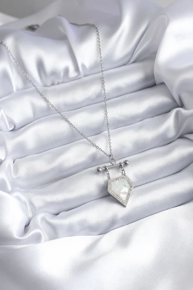 316L Çelik Gümüş Renk Zirkon Taş Detay Kadın Kolye - Resim 2