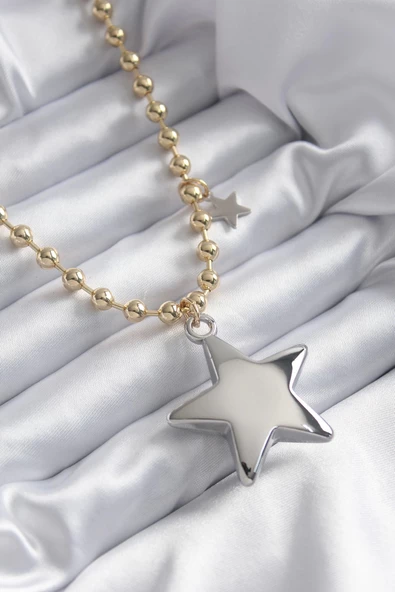 Pirinç Gold Renk Topçuk Zincir Gümüş 3D Yıldız Model Yıldız Detay VİP Kadın Kolye ürün görseli 1