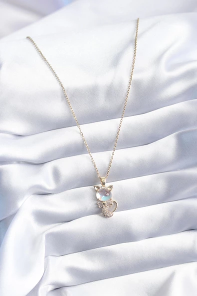 316L Çelik Gold Renk Zirkon Taşlı Kedi Model Kadın Kolye - Resim 2