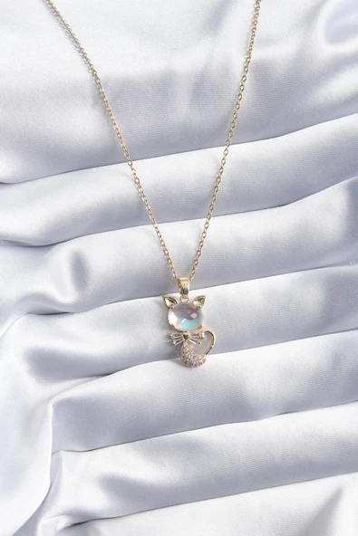 316L Çelik Gold Renk Zirkon Taşlı Kedi Model Kadın Kolye ürün görseli 1