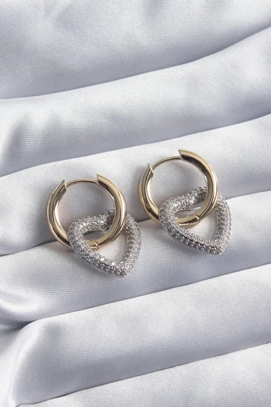 Pirinç Gold Renk Halka Gümüş Zirkon Taşlı Kalp Model VİP Seri Kadın Küpe ürün görseli 1