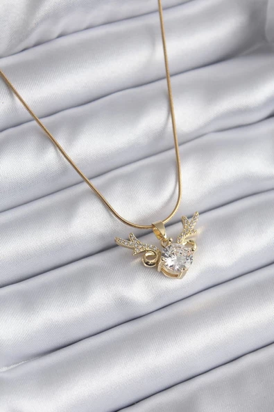 316L Çelik Gold Renk Zirkon Taşlı Boynuz Model Kadın Kolye ürün görseli 1