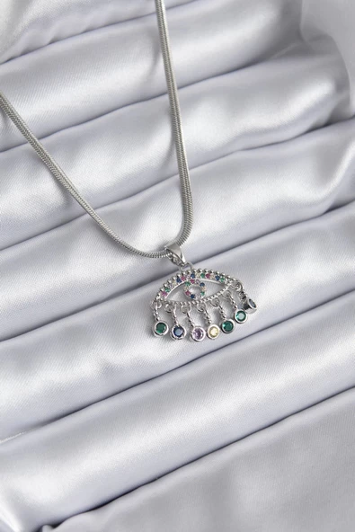 316L Çelik Gümüş Renk İtalyan Zincir Zirkon Taşlı Göz Figür Kadın Kolye ürün görseli 1