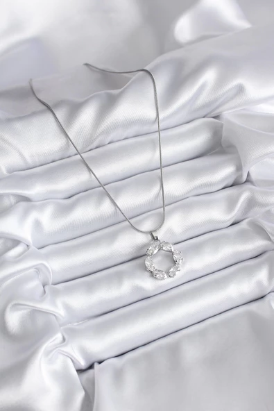 316L Çelik Gümüş Renk Zirkon Taşlı Kadın Kolye - Resim 2