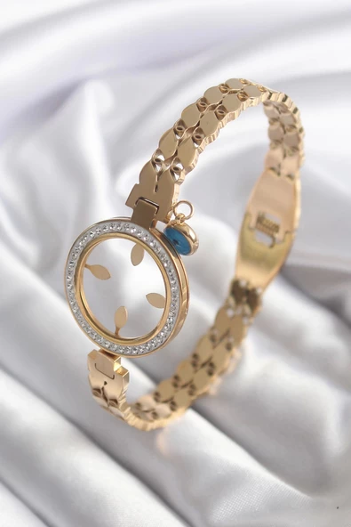 316L Çelik Gold Renk Arpa Model Zirkon Taş Detay Çeyrek Altın Takılabilir Kadın Kelepçe ürün görseli 1
