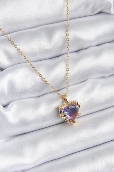 316L Çelik Zincir Gold Renk Mor Renk Zirkon Taşlı Kalp Model Kadın Kolye ürün görseli 1