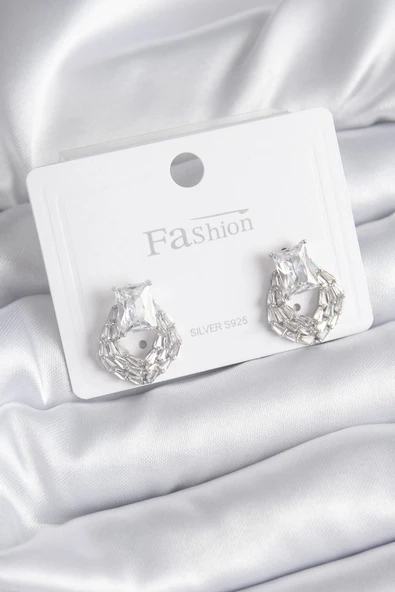 Pirinç Gümüş Renk Zirkon Taşlı Kadın Küpe ürün görseli 1