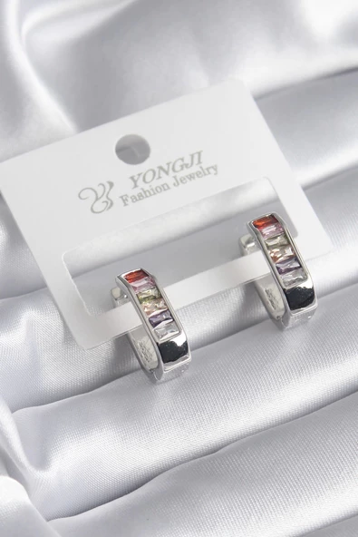 Pirinç Gümüş Renk Renkli Zirkon Taşlı Kadın Küpe ürün görseli 1