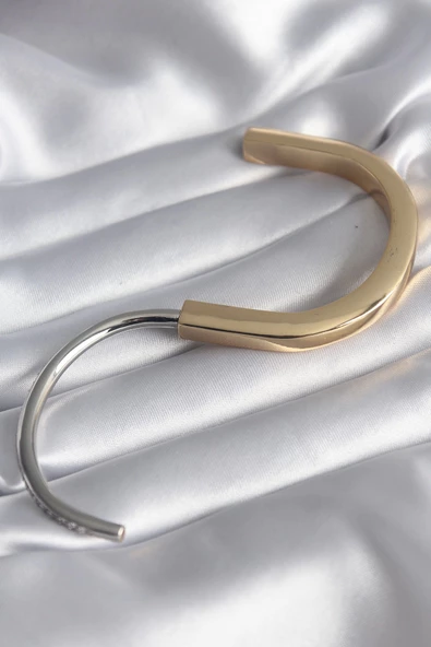 316L Çelik Gold Gümüş Renk Zirkon Taşlı VIP Seri Kadın Kelepçe - 2