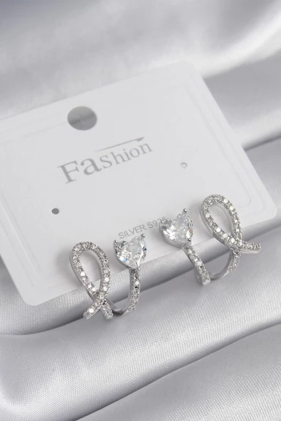 Pirinç Gümüş Renk Kalp Model Zirkon Taşlı Kadın Küpe ürün görseli 1