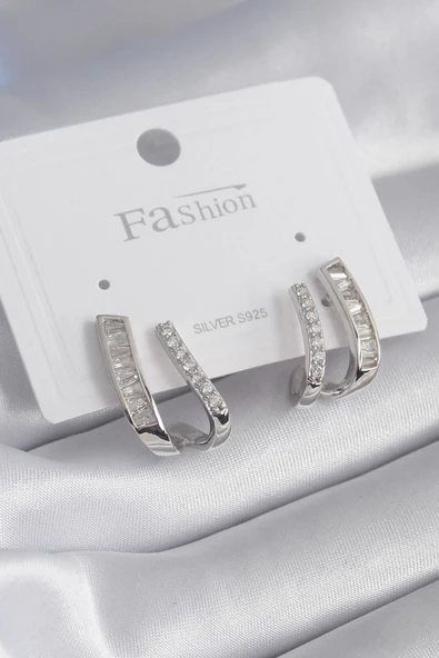 Pirinç Gümüş Renk Zirkon Taşlı Kadın Küpe ürün görseli 1