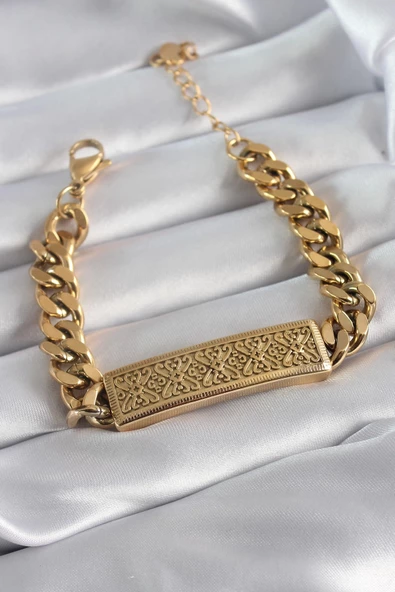 316L Çelik Gold Renk Zincir Model Motif İşleme Kadın Bileklik ürün görseli 1