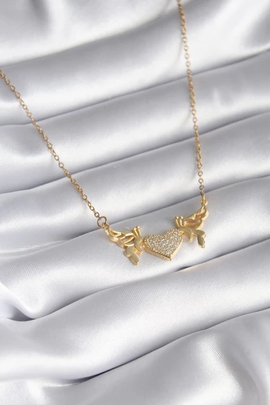 316L Çelik Gold Renk Zirkon Taşlı Kanatlı Kalp Model Kadın Kolye ürün görseli 1