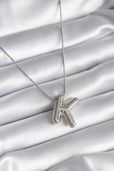 316L Çelik Gümüş Renk Bubble "K" Harf  Model Kadın Kolye ürün görseli 1