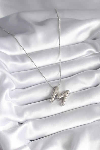 316L Çelik Gümüş Renk Bubble "M" Harf Model Kadın Kolye - Resim 2