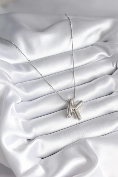 316L Çelik Gümüş Renk Bubble "K" Harf  Model Kadın Kolye - Resim 2