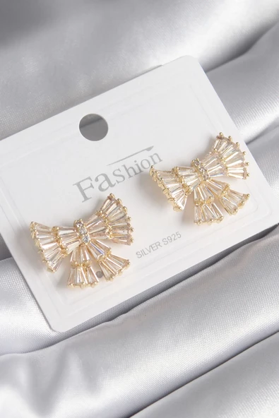 Pirinç Gold Renk Zirkon Taşlı Kurdele Model Kadın Küpe ürün görseli 1