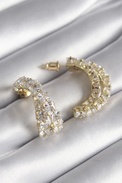 Pirinç Gold Renk Zirkon Taşlı Kadın Küpe ürün görseli 1