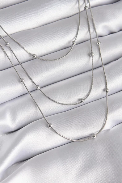 316L Çelik Gümüş Renk 3'lü Topçuk Detay Kadın Kolye ürün görseli 1