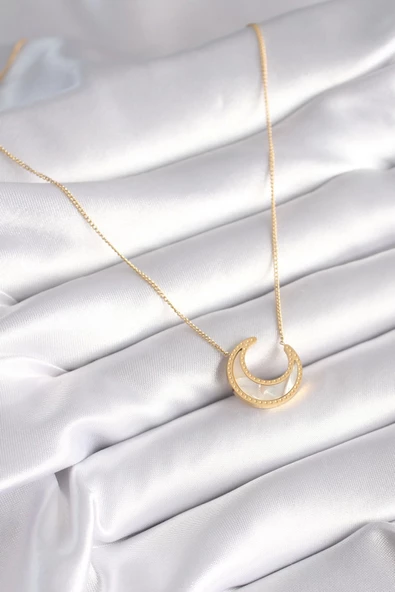 316L Çelik Gold Renk Beyaz Sedefli Hilal Model Kadın Kolye - Resim 2