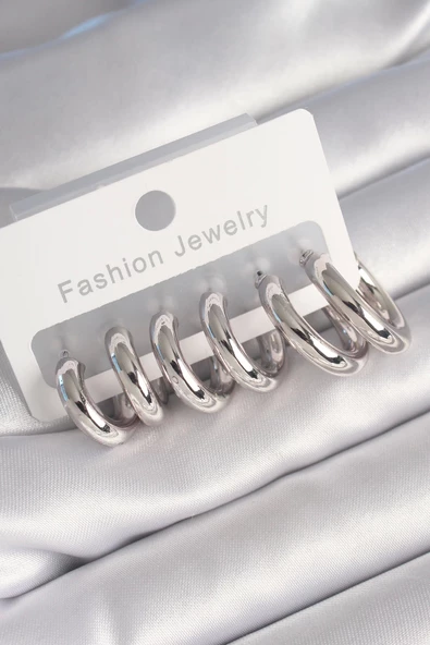 Pirinç Gümüş Renk Halka Kadın Küpe Seti ürün görseli 1