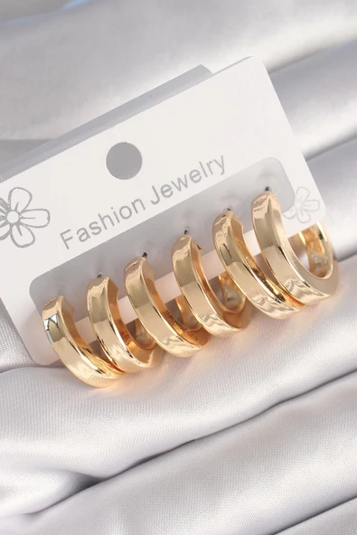 Pirinç Gold Renk Kalın Halka Model Kadın Küpe Seti ürün görseli 1