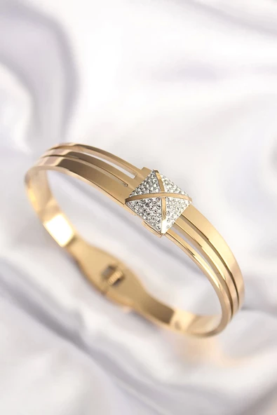 316L Çelik Zirkon Taşlı Gold Renk Kadın Kelepçe Bilezik ürün görseli 1