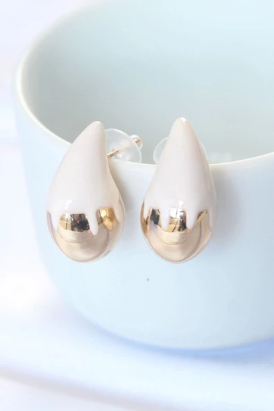 Minimal Beyaz Mineli Çift Renk Damla Küpe ürün görseli 1