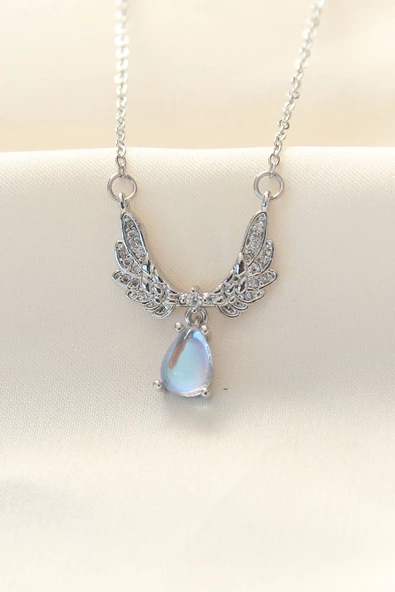 316L Zinciri Çelik Zirkon Taşlı Gümüş Renk Kanatlı Damla Kolye ürün görseli 1