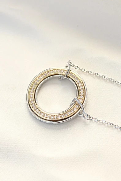 316L Çelik Zirkon Taşlı Çift Renkli Tifany Kolye - Resim 2