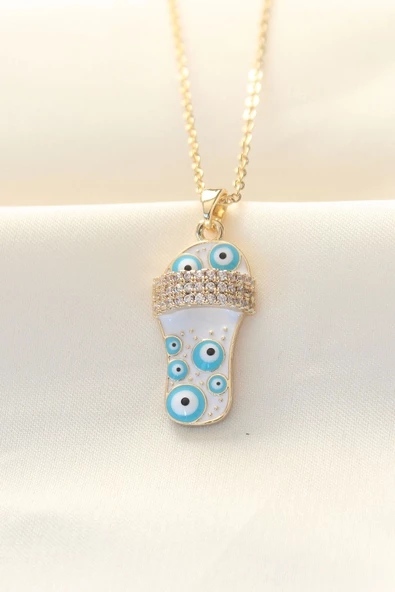 316L Zinciri Çelik Zirkon Taşlı Gold Renk Nazar Boncuklu Terlik Kolye ürün görseli 1