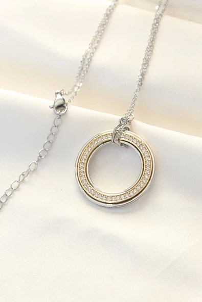 316L Çelik Zirkon Taşlı Çift Renkli Tifany Kolye ürün görseli 1